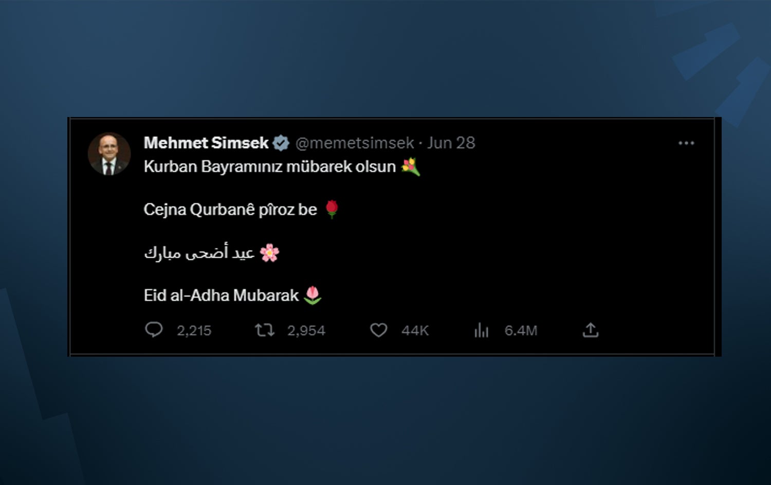 تویتەکەی محەممەد شیشمەک بە زمانەکانی تورکی، کوردی، عەرەبی و ئینگلیزی.